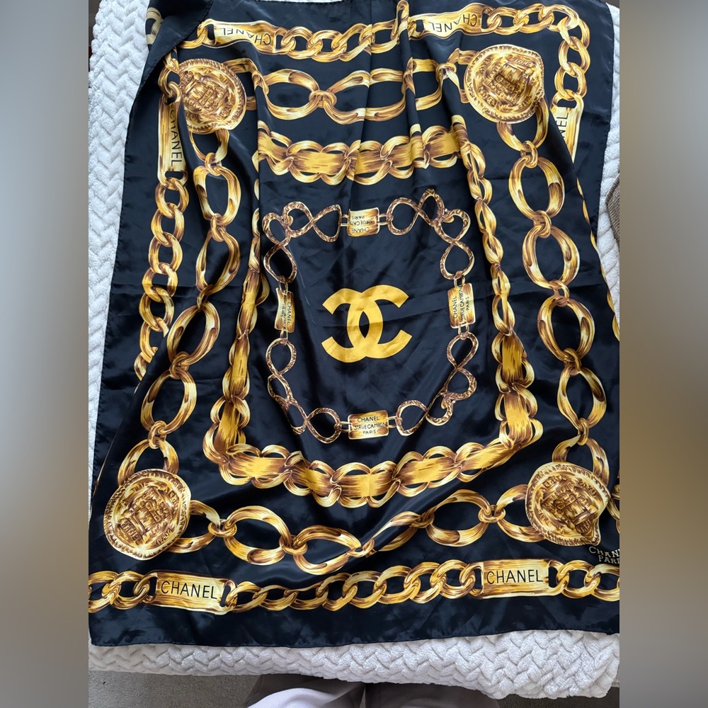 CHANEL Gold Chain CC Silk Scarf Black 35” Square